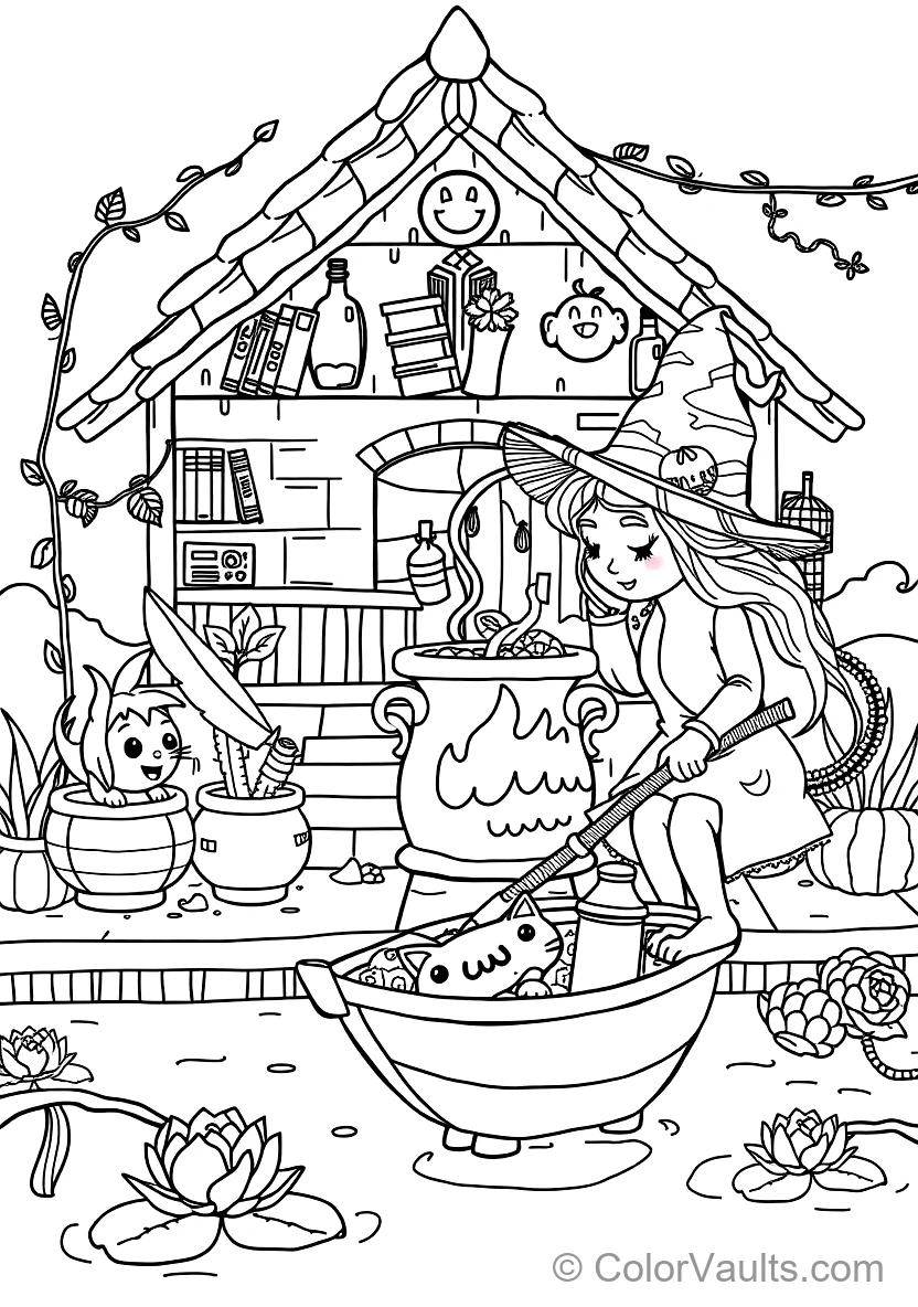Friendly Cartoon Witch Stirring Bubbling Cauldron (Scene 58)