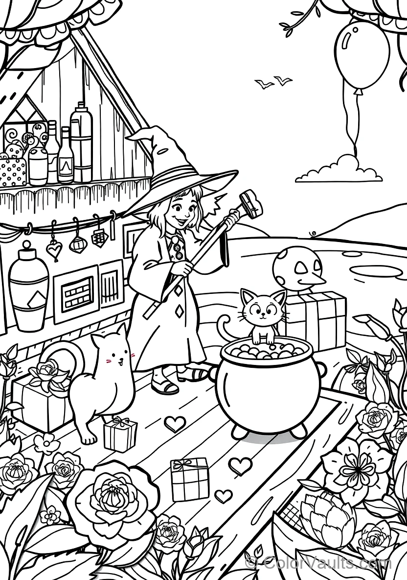 Friendly Cartoon Witch Stirring Bubbling Cauldron (Scene 59)