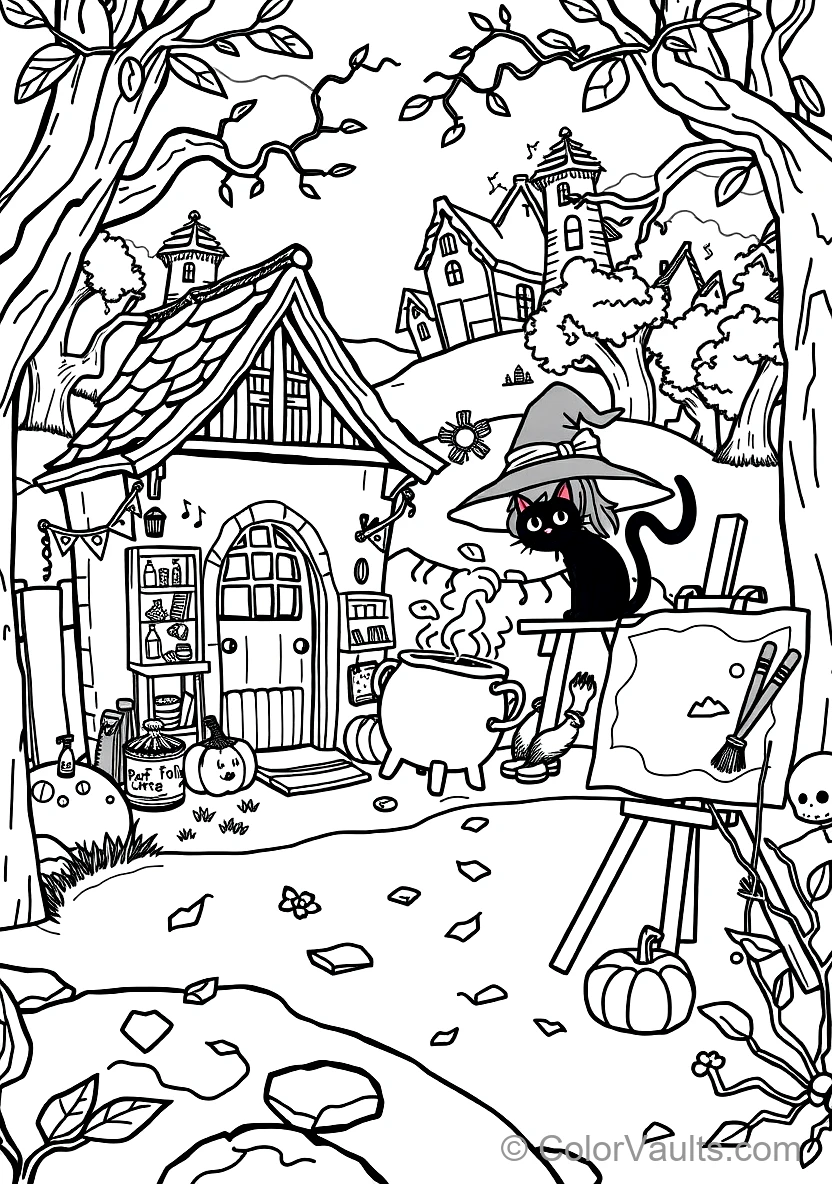 Friendly Cartoon Witch Stirring Bubbling Cauldron (Scene 61)
