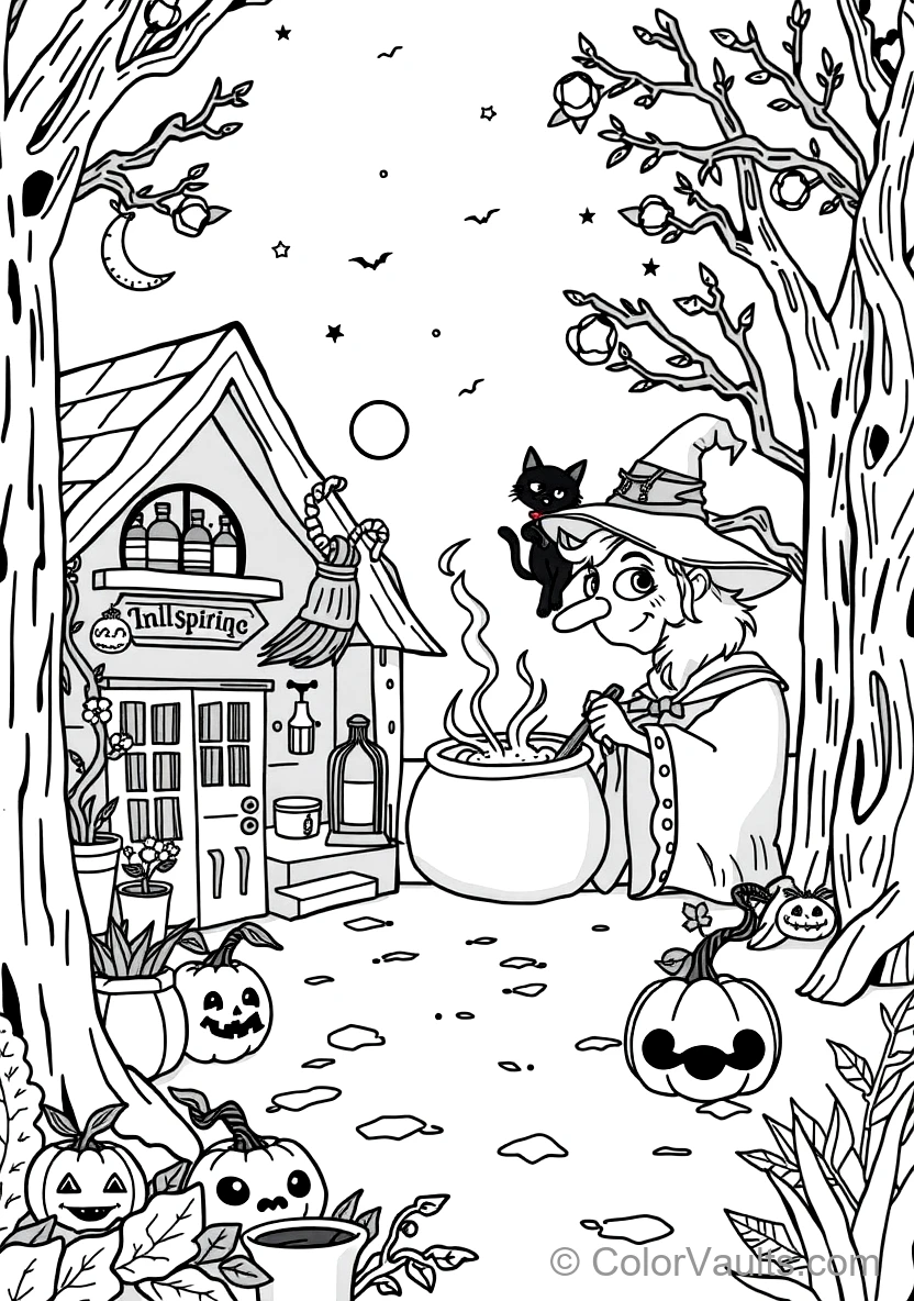 Friendly Cartoon Witch Stirring Bubbling Cauldron (Scene 62)