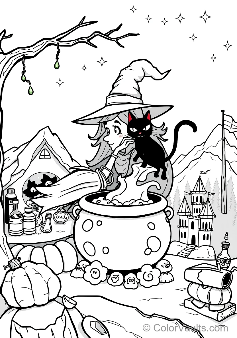 Friendly Cartoon Witch Stirring Bubbling Cauldron (Scene 63)