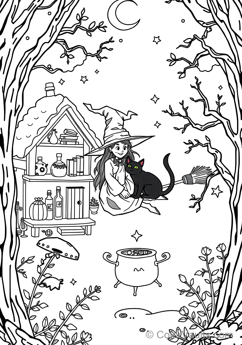 Friendly Cartoon Witch Stirring Bubbling Cauldron (Scene 65)