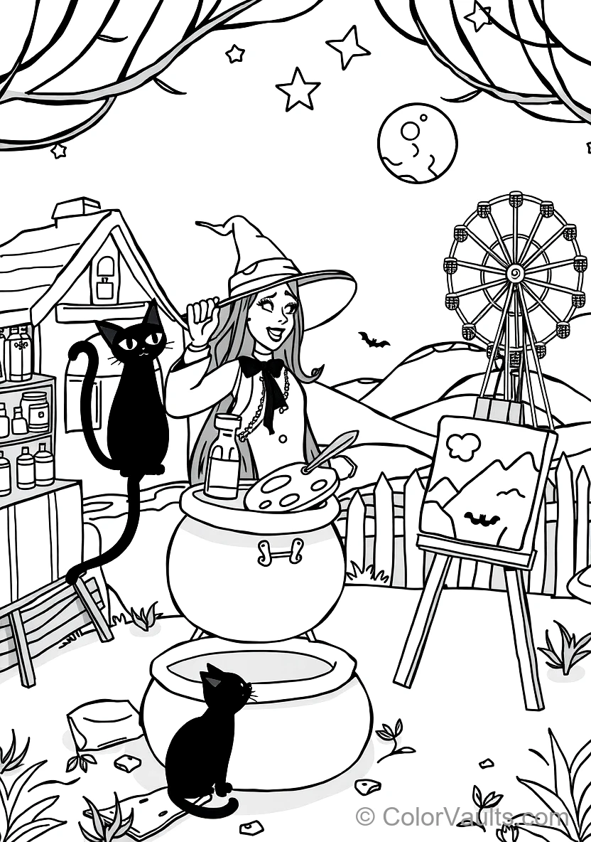 Friendly Cartoon Witch Stirring Bubbling Cauldron (Scene 66)