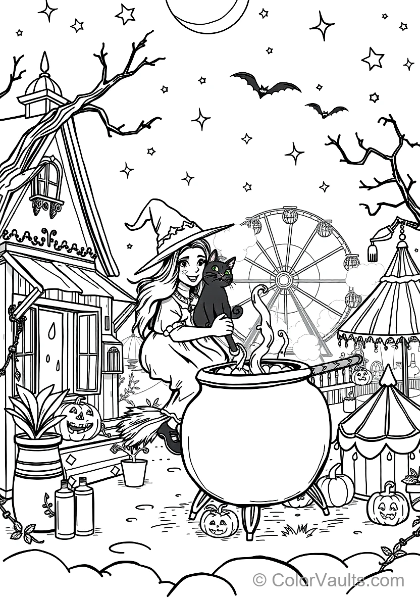 Friendly Cartoon Witch Stirring Bubbling Cauldron (Scene 67)