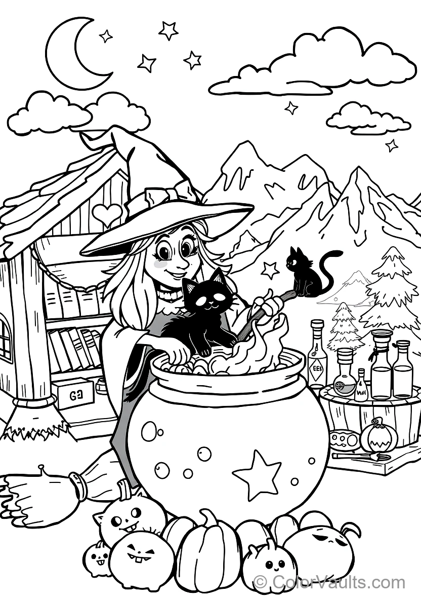 Friendly Cartoon Witch Stirring Bubbling Cauldron (Scene 68)