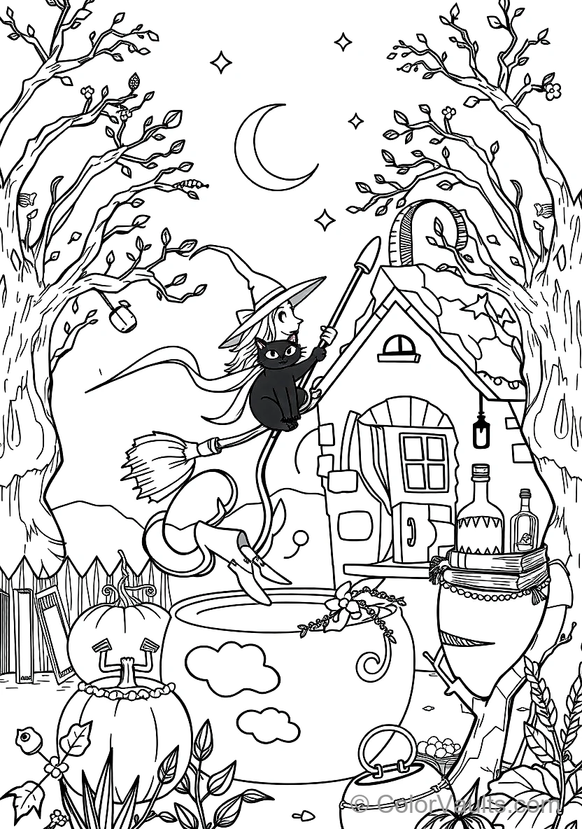 Friendly Cartoon Witch Stirring Bubbling Cauldron (Scene 69)
