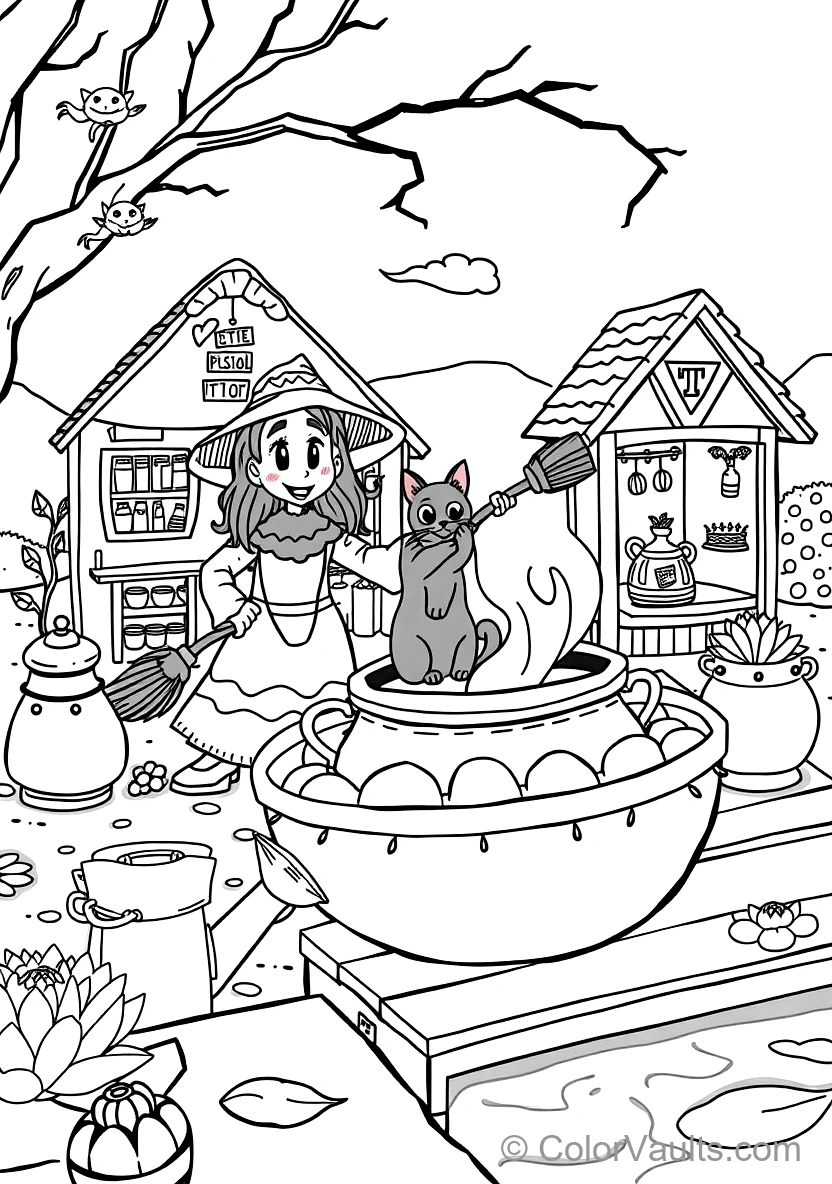 Friendly Cartoon Witch Stirring Bubbling Cauldron (Scene 70)