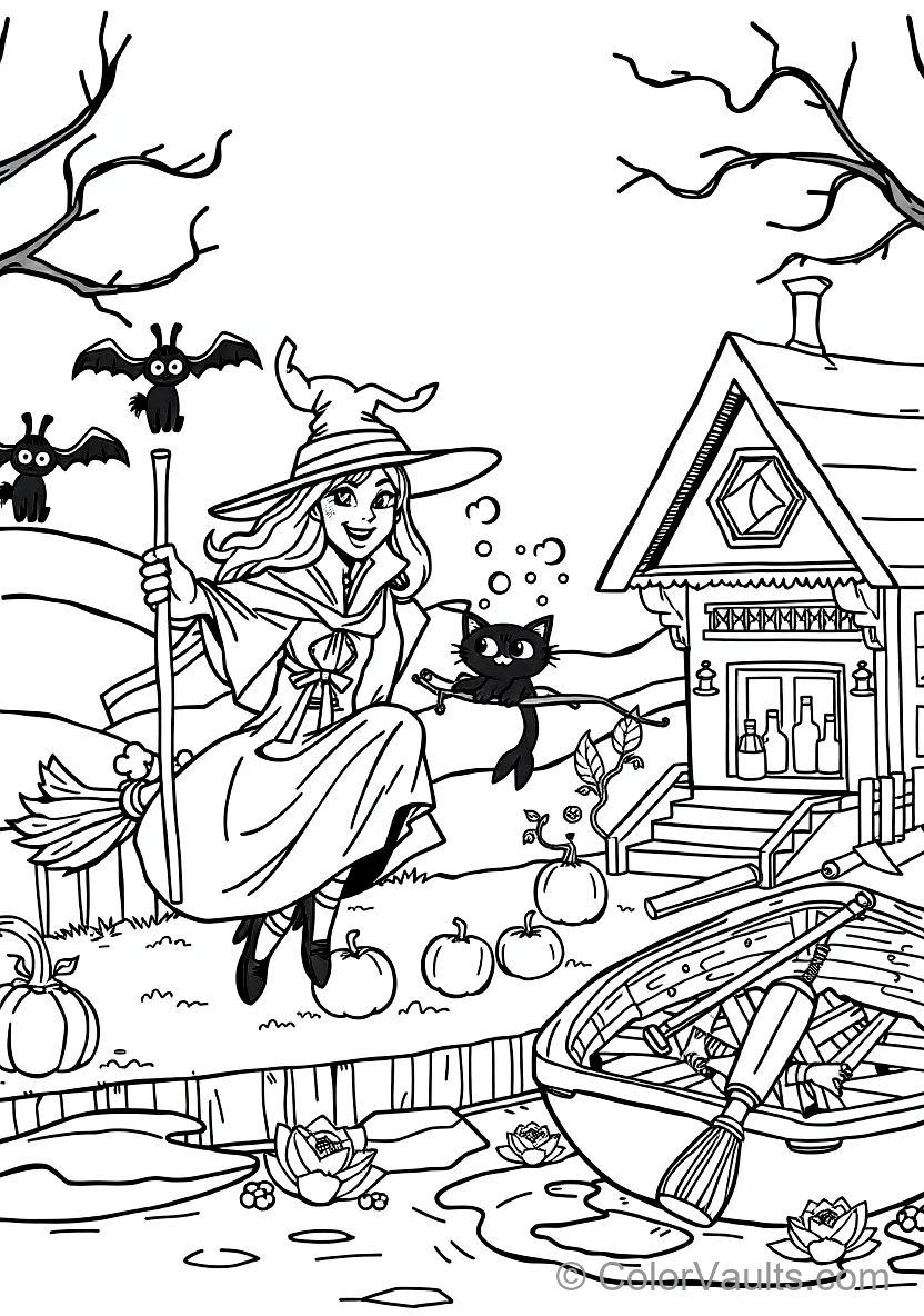 Friendly Cartoon Witch Stirring Bubbling Cauldron (Scene 71)