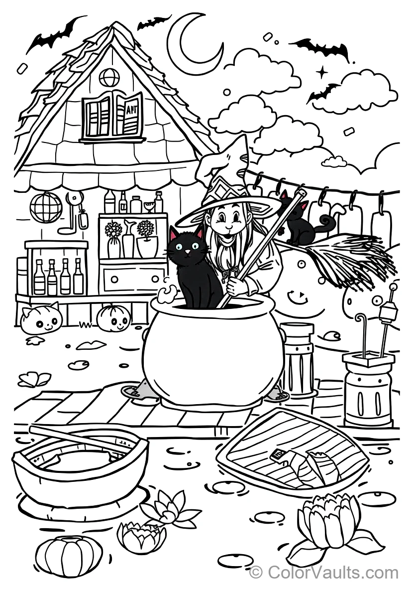 Friendly Cartoon Witch Stirring Bubbling Cauldron (Scene 72)