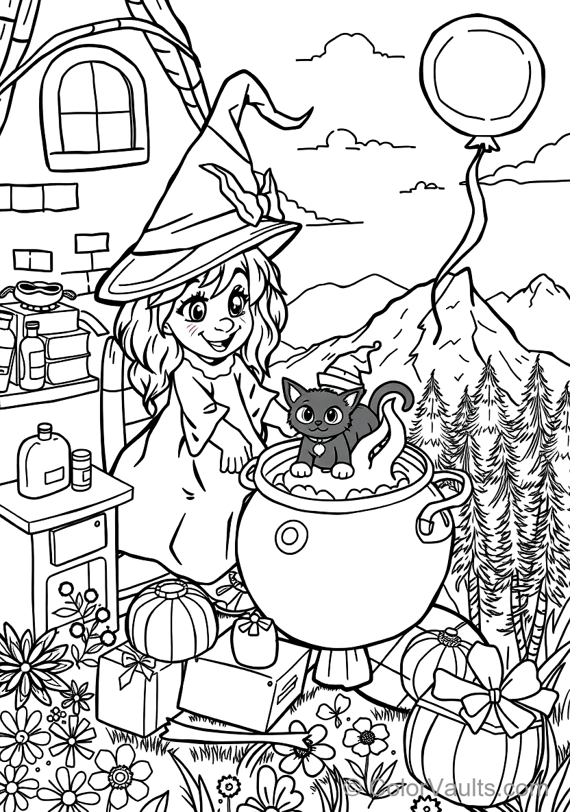 Friendly Cartoon Witch Stirring Bubbling Cauldron (Scene 73)