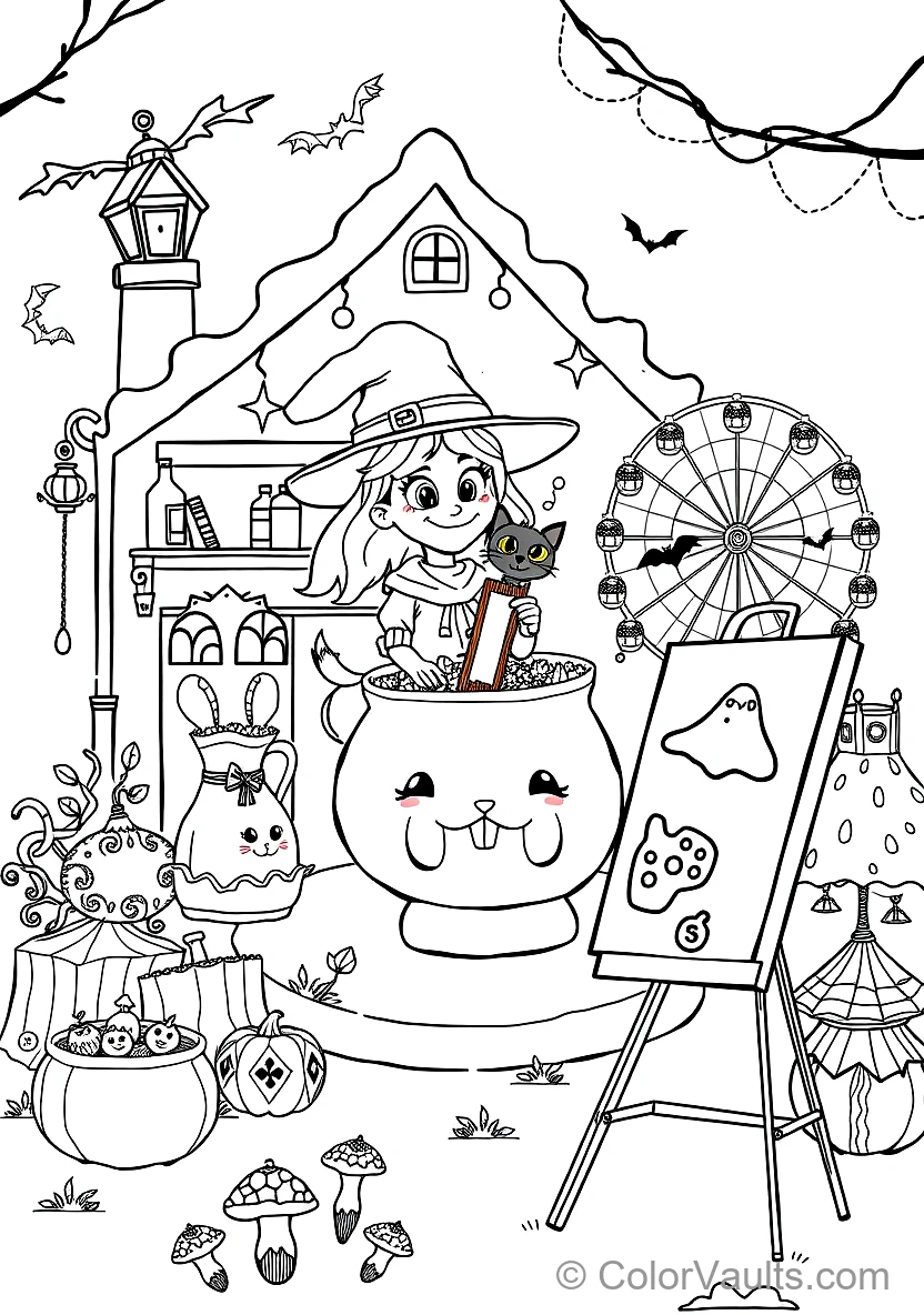 Friendly Cartoon Witch Stirring Bubbling Cauldron (Scene 74)