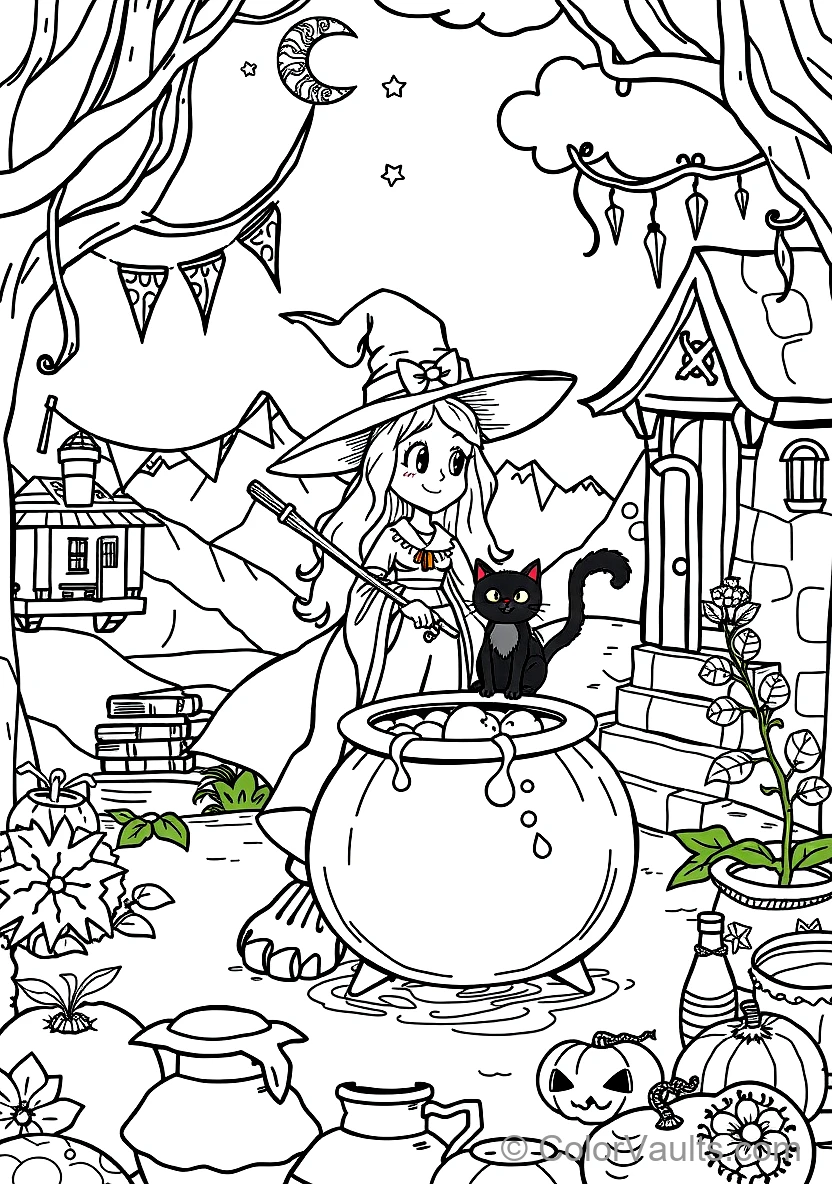 Friendly Cartoon Witch Stirring Bubbling Cauldron (Scene 75)