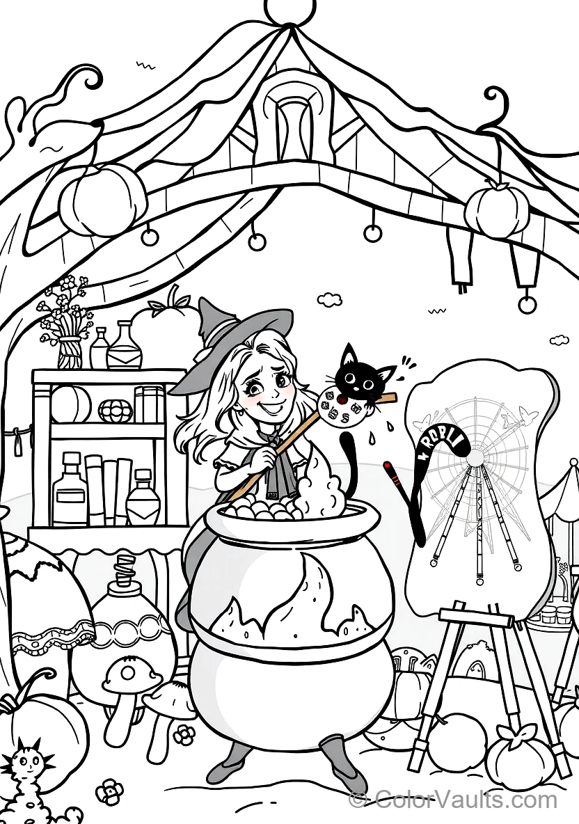 Friendly Cartoon Witch Stirring Bubbling Cauldron (Scene 76)