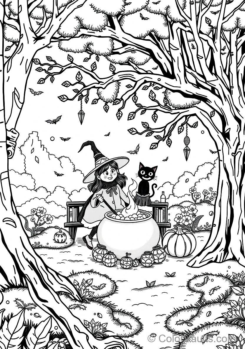 Friendly Cartoon Witch Stirring Bubbling Cauldron (Scene 77)