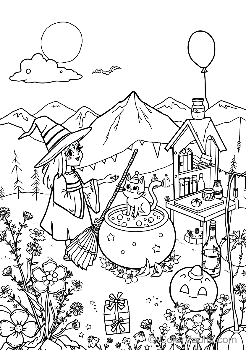 Friendly Cartoon Witch Stirring Bubbling Cauldron (Scene 78)