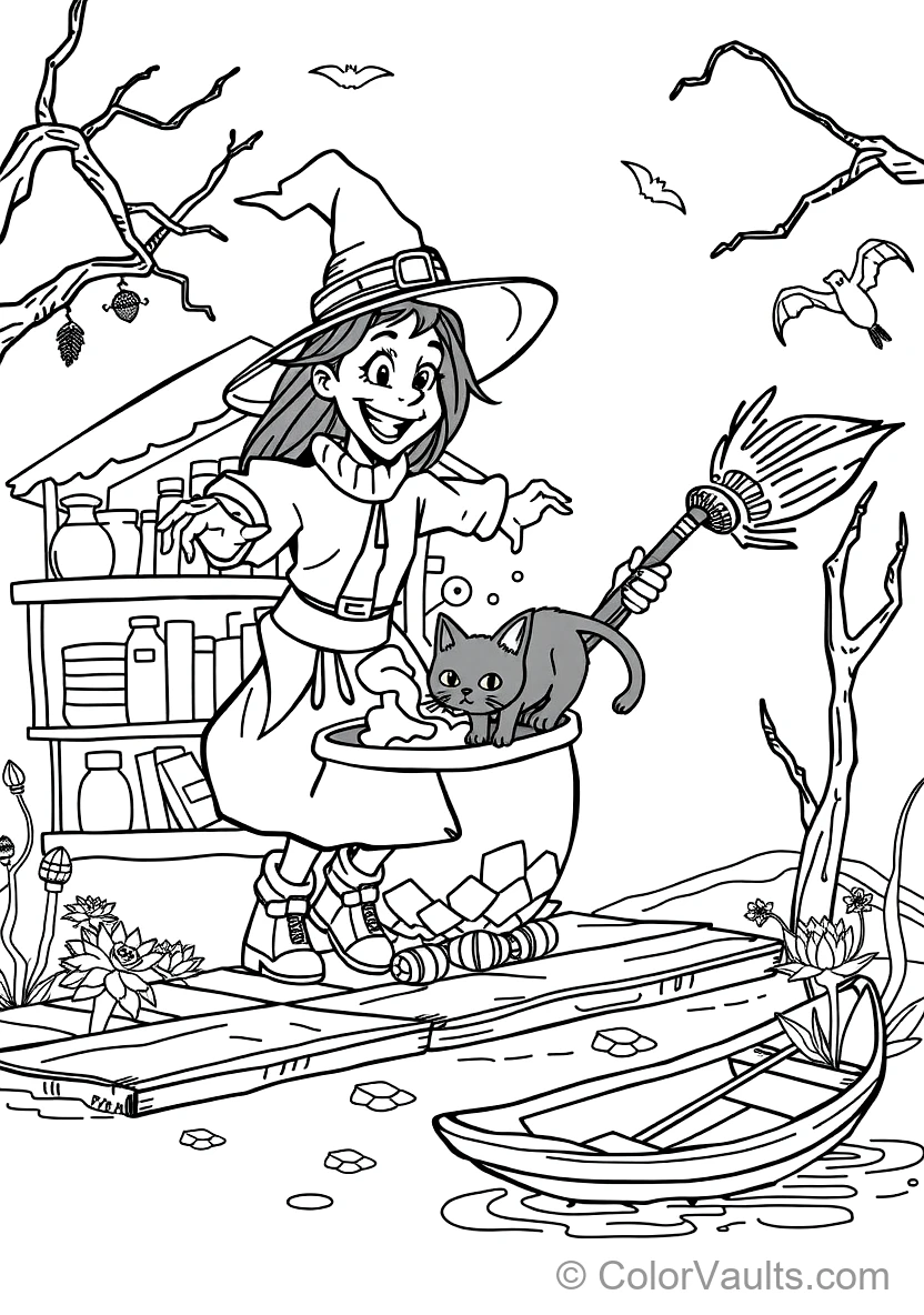Friendly Cartoon Witch Stirring Bubbling Cauldron (Scene 79)