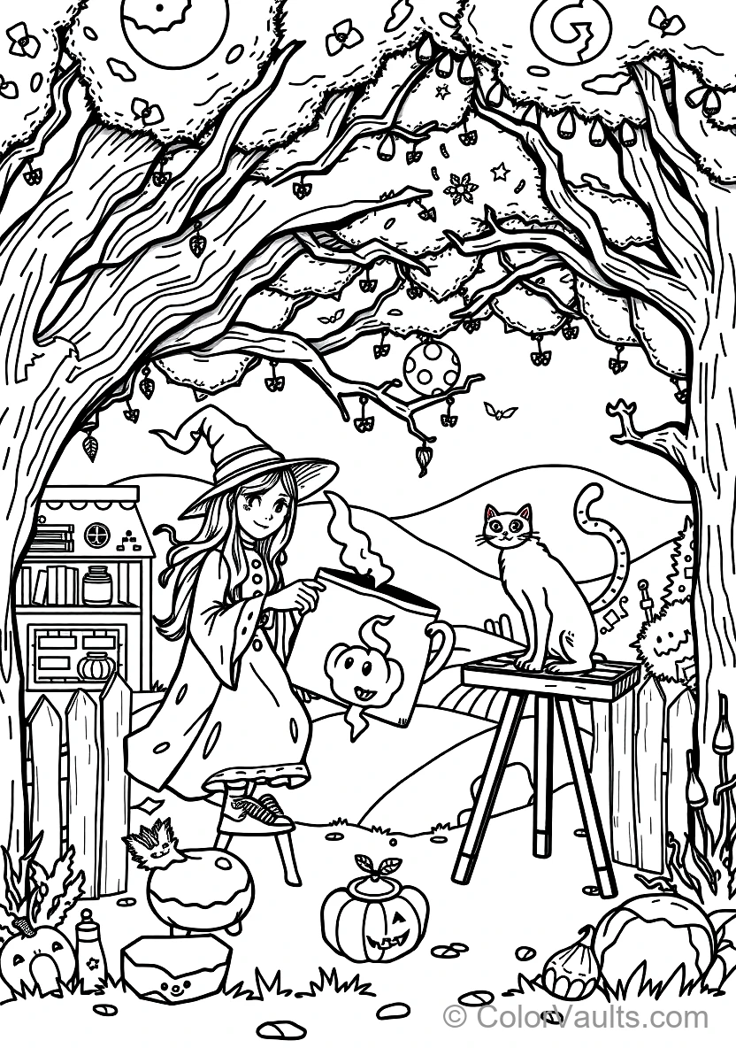 Friendly Cartoon Witch Stirring Bubbling Cauldron (Scene 80)