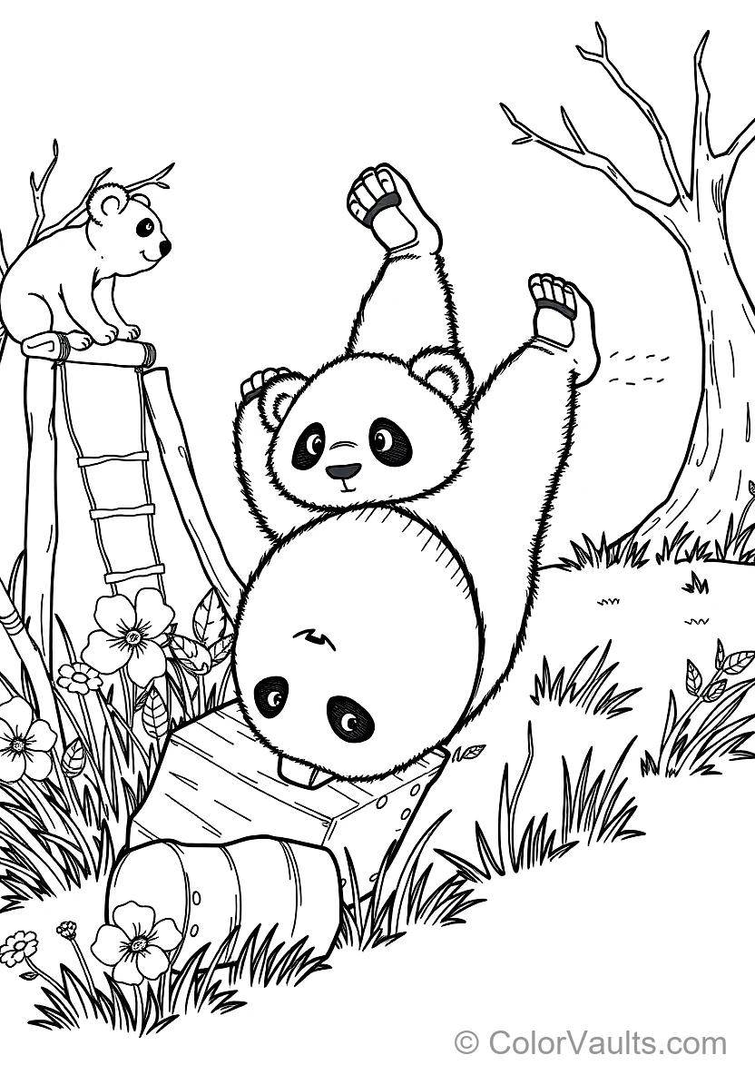Playful Baby Panda Cub Rolling Somersaults Down a (Scene 2)