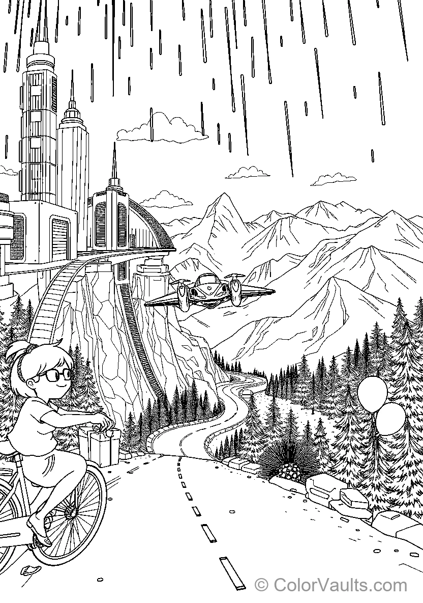 Cyberpunk & Flying Hovercars coloring page 2