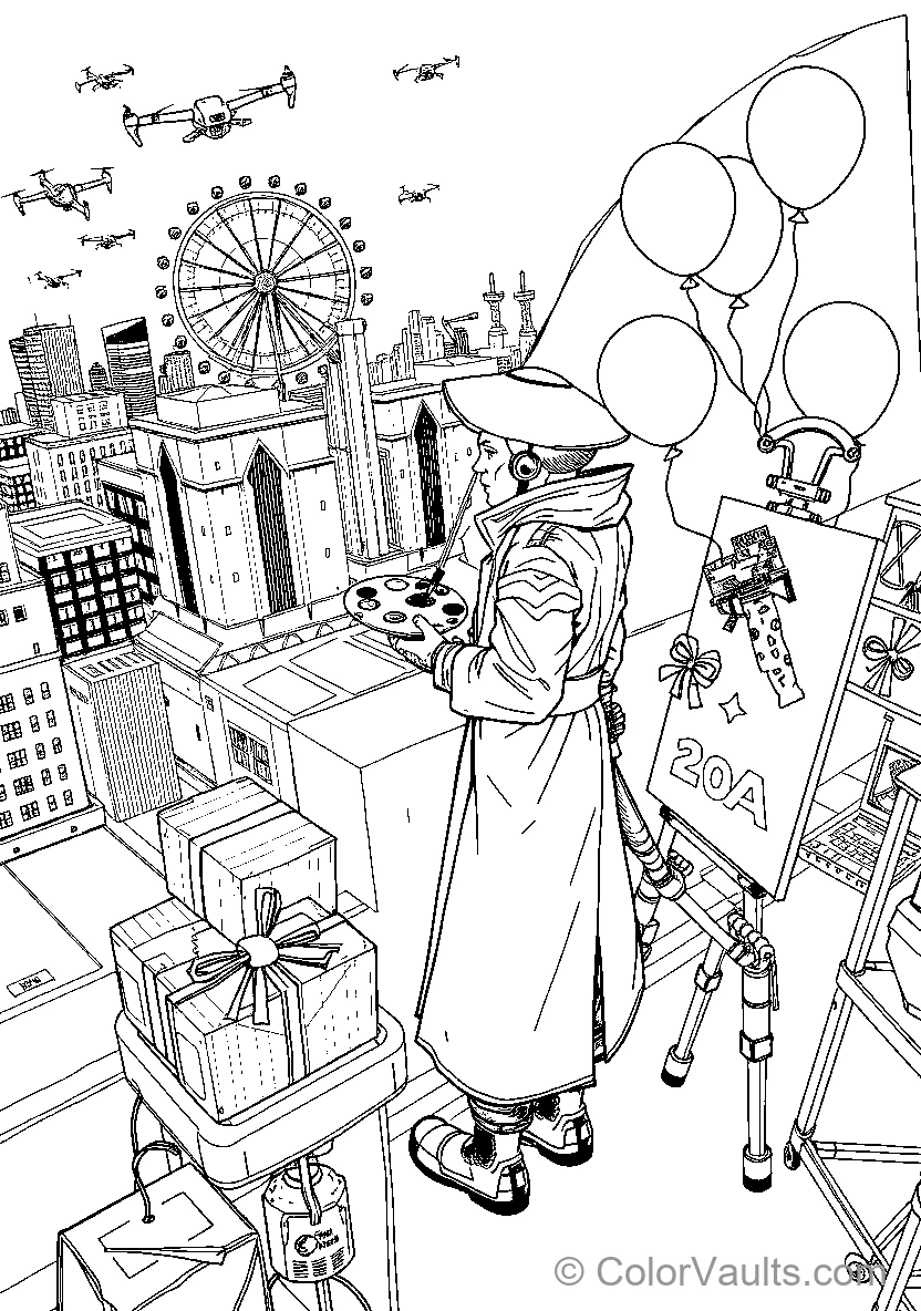 Cyberpunk & Flying Hovercars coloring page 3