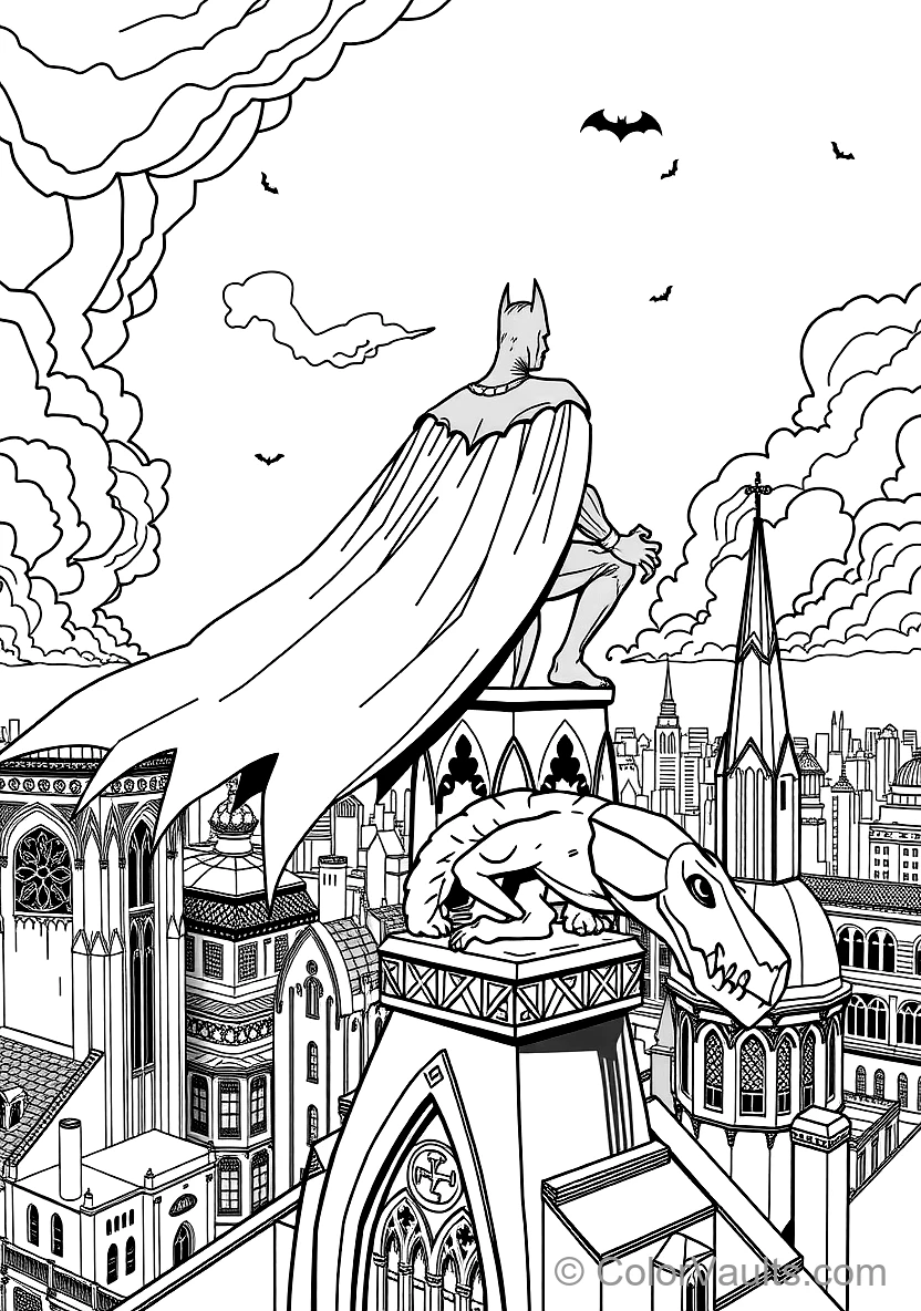 Batman in Flowing Scalloped Cape Perched Atop a Gothic (Scene 5)