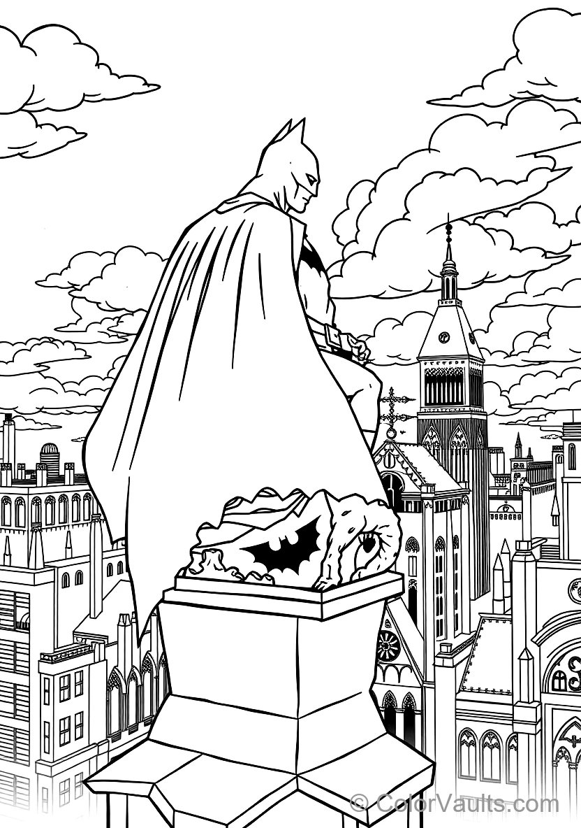 Batman in Flowing Scalloped Cape Perched Atop a Gothic (Scene 7)
