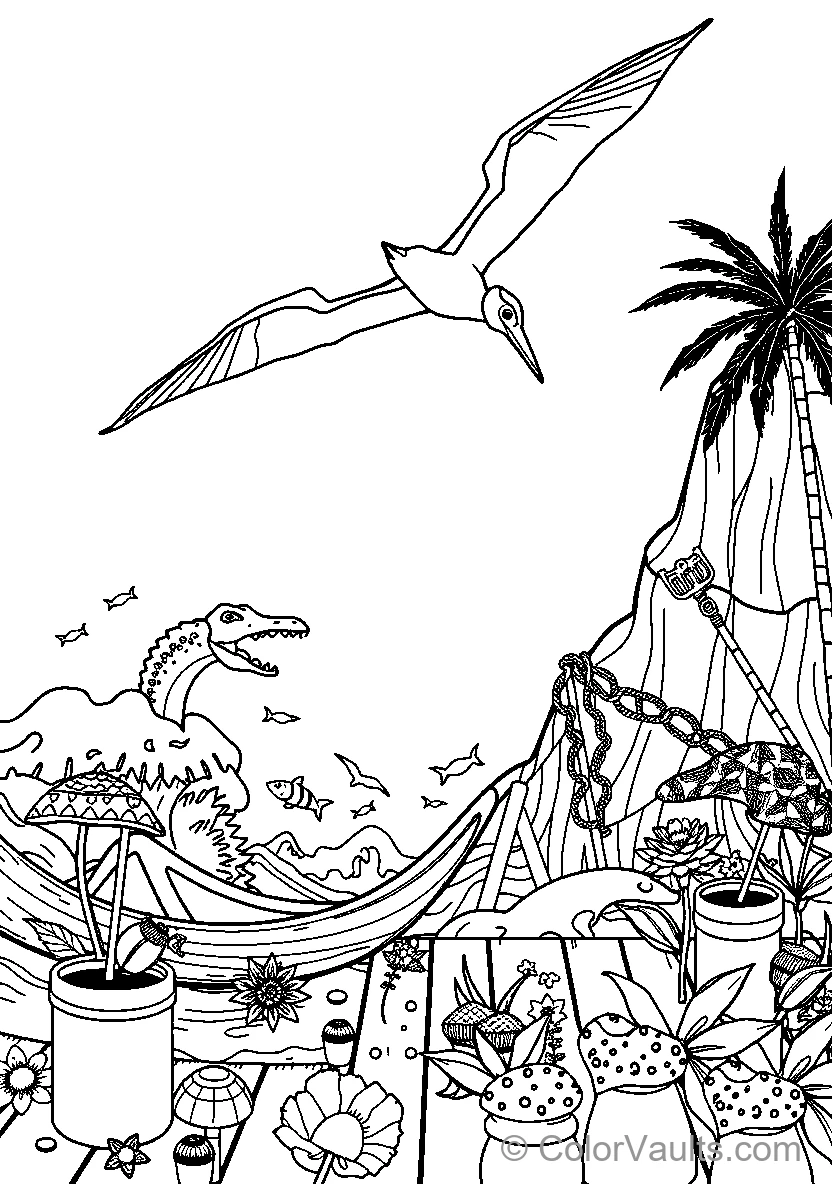 Dinosaur et Bird Over Ocean