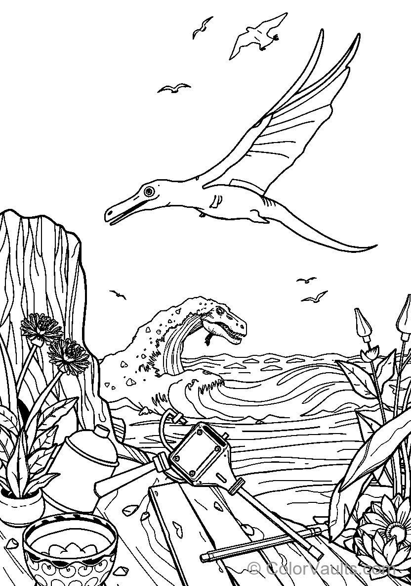 Dinosaur And Pterosaur Over Water