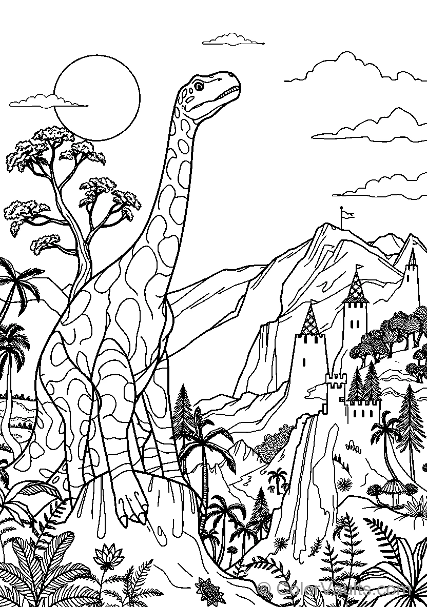 Dinosaur In Jungle Near Castle