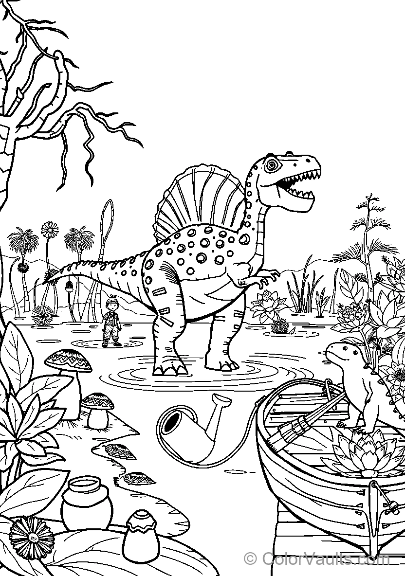 Dinosaur In A Jungle Setting With Playful Elements