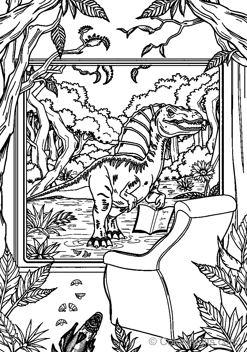 Dinosaur Reads In The Jungle