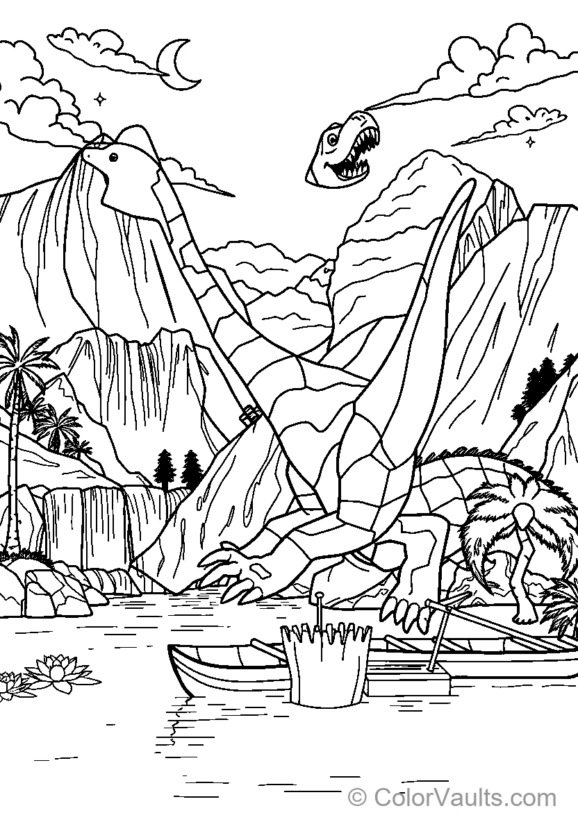 Dinosaurs By The Waterfall