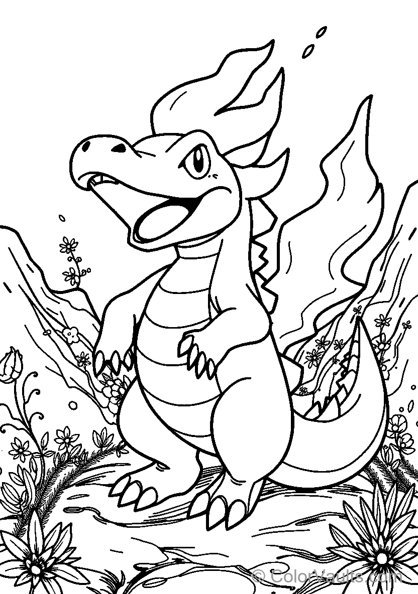 Flaming Dinosaur Among Flowers