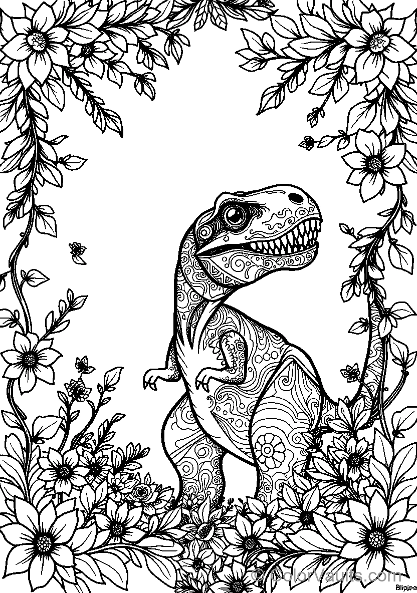 Patterned Dinosaur Among Flowers
