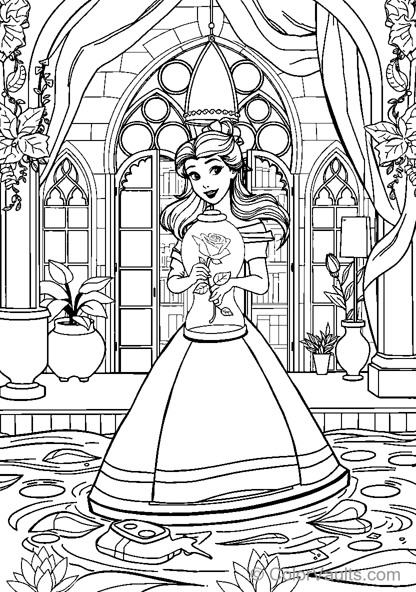 Belle Holds A Rose In An Enchanted Castle