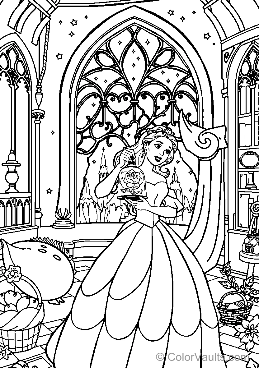 Belle Holds A Rose In An Ornate Room