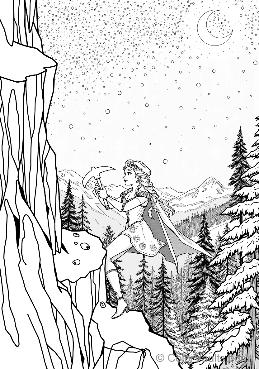 Anna Climbing the Icy Mountain Cliff Using Pickaxes