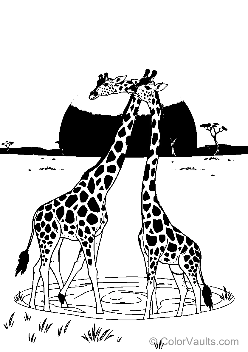 Giraffes Drinking From Pond