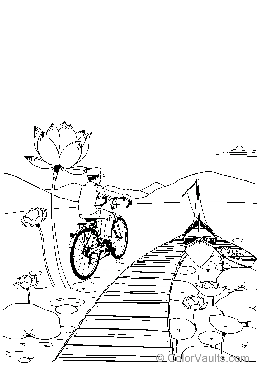 Bicyclist In Lotus Pond