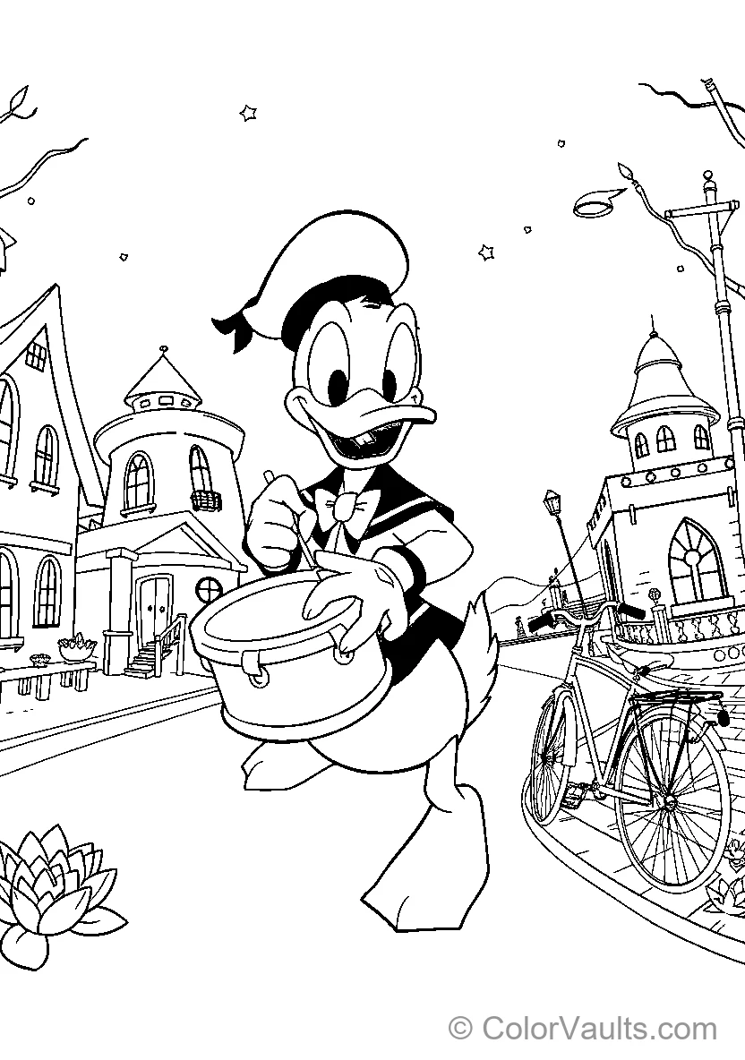 Donald Duck Playing Drums In A Town
