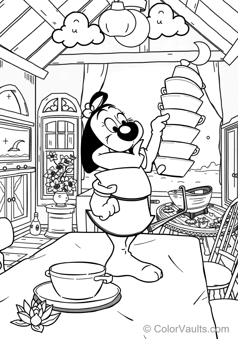 Dopey Balancing a Tall Wobbly Stack of Clean Ceramic (Scene 39) - Kostenlose Malvorlage zum Ausdrucken | ColorVaults