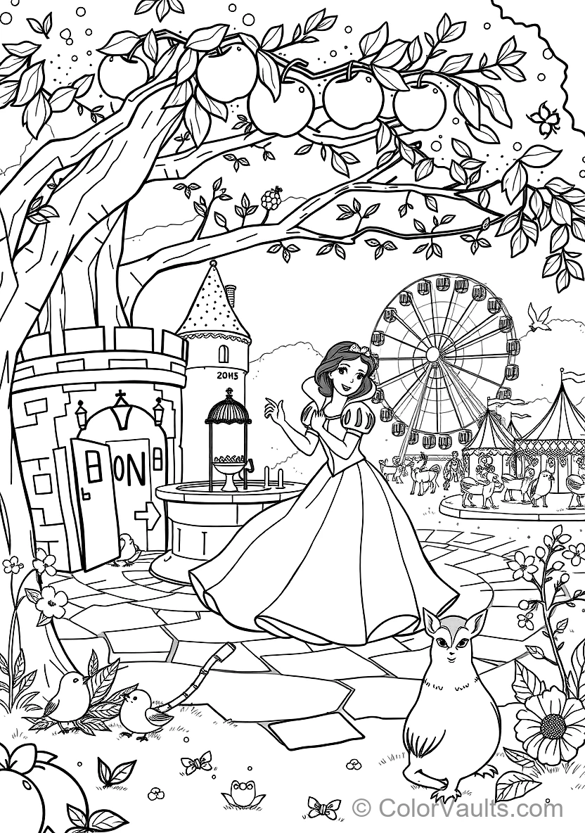 Snow White Singing at the Wishing Well (Scene 42) - Kostenlose Malvorlage zum Ausdrucken | ColorVaults
