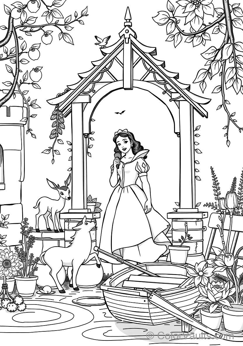 Snow White Singing at the Wishing Well (Scene 48) - Kostenlose Malvorlage zum Ausdrucken | ColorVaults