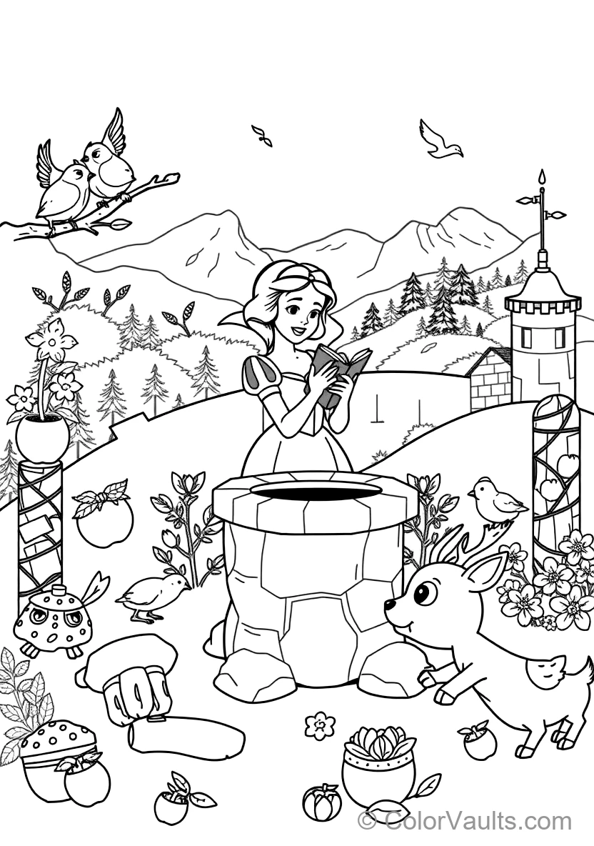 Snow White Singing at the Wishing Well (Scene 52) - Coloriage Gratuit à Imprimer | ColorVaults