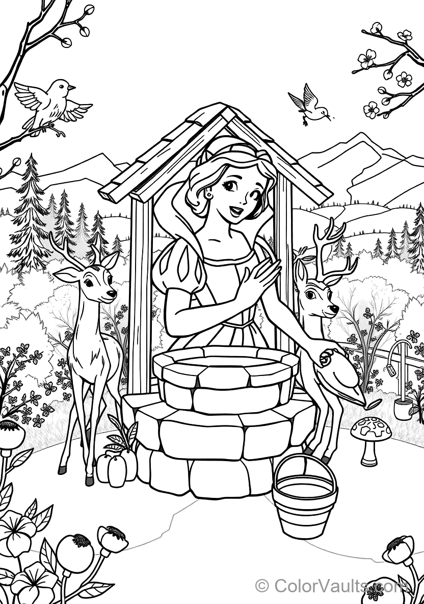Snow White Singing at the Wishing Well (Scene 54) - Kostenlose Malvorlage zum Ausdrucken | ColorVaults