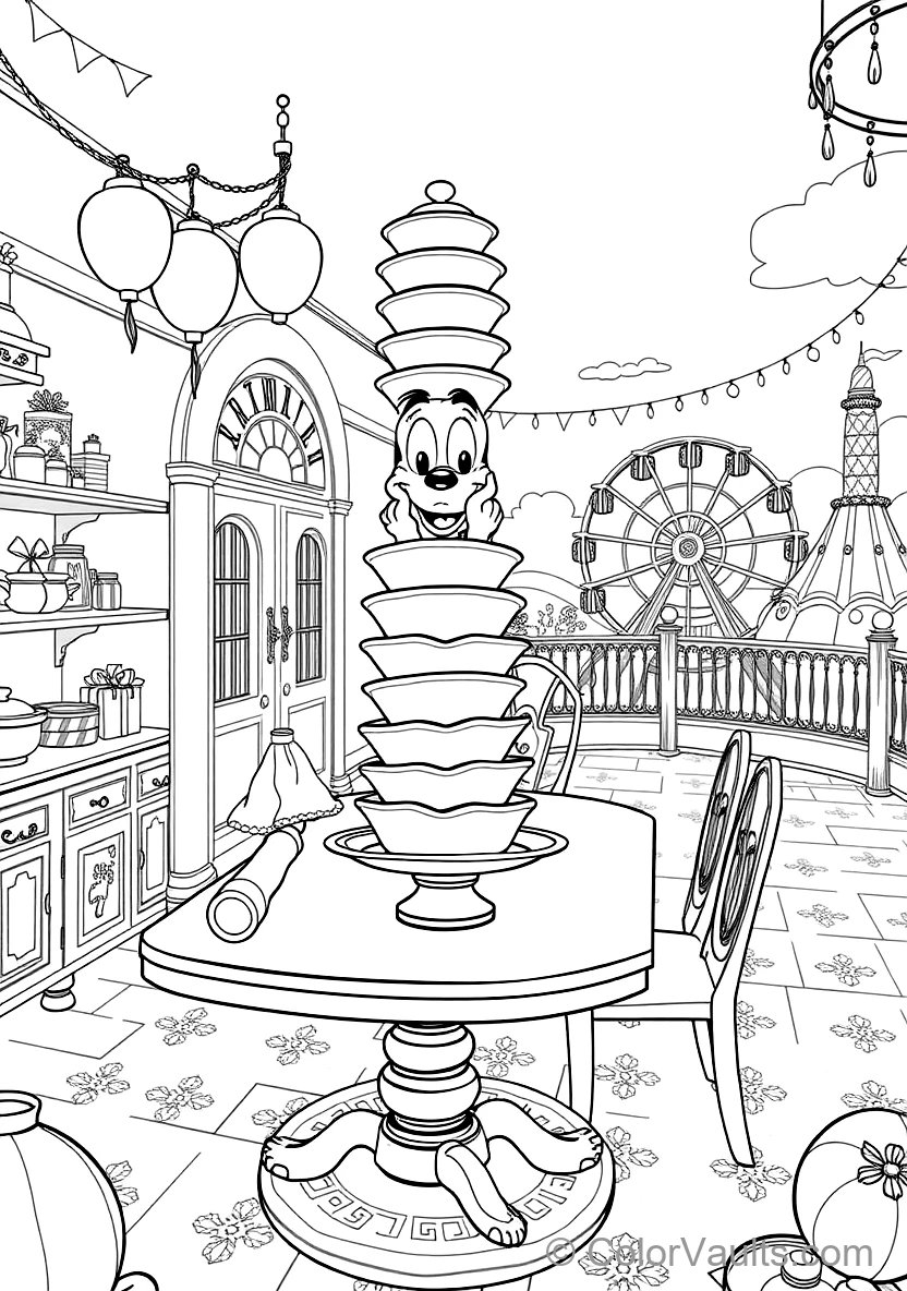 Dopey Balancing a Tall Wobbly Stack of Clean Ceramic (Scene 49) - Coloriage Gratuit à Imprimer | ColorVaults