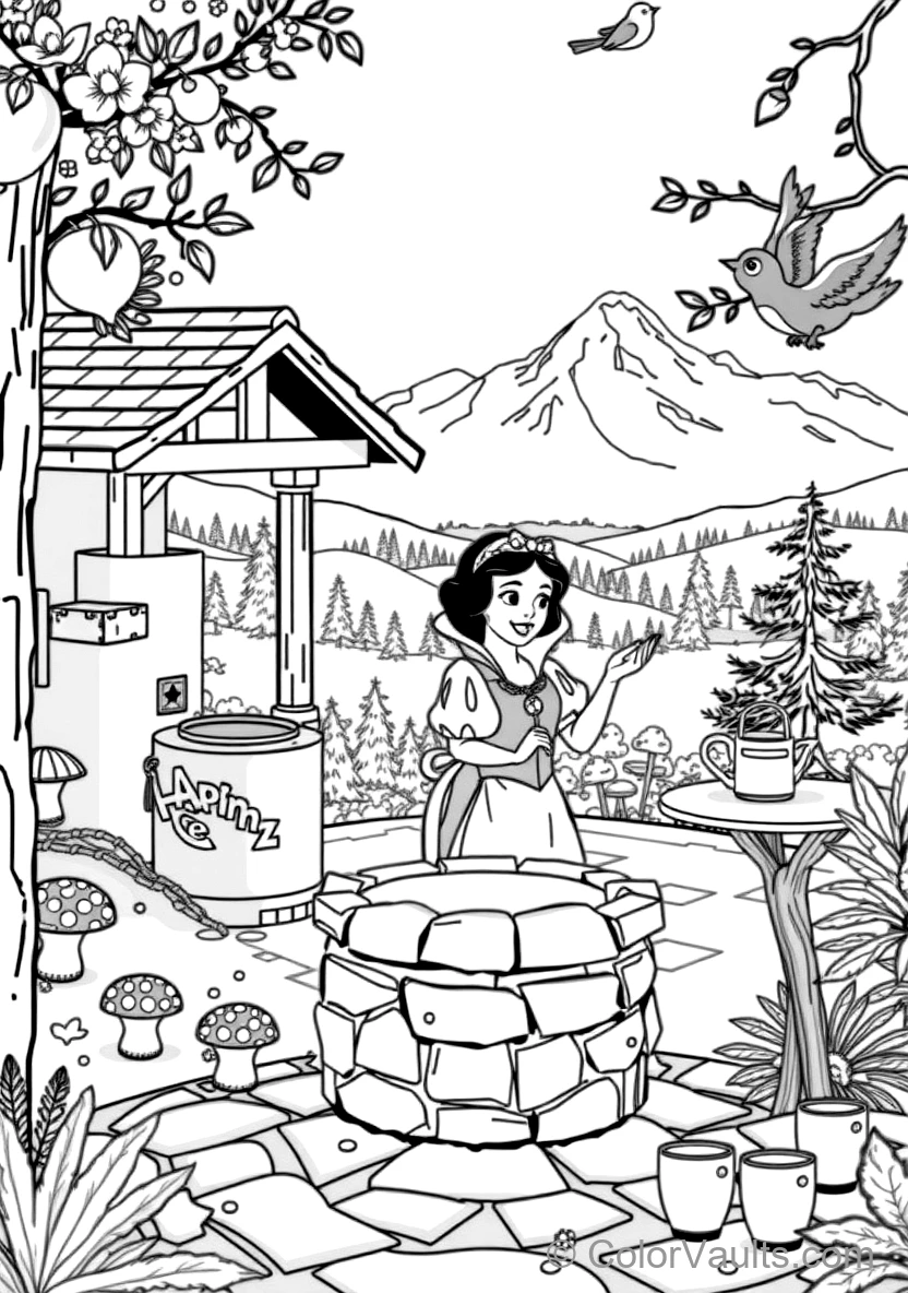 Snow White Singing at the Wishing Well (Scene 56) - Coloriage Gratuit à Imprimer | ColorVaults