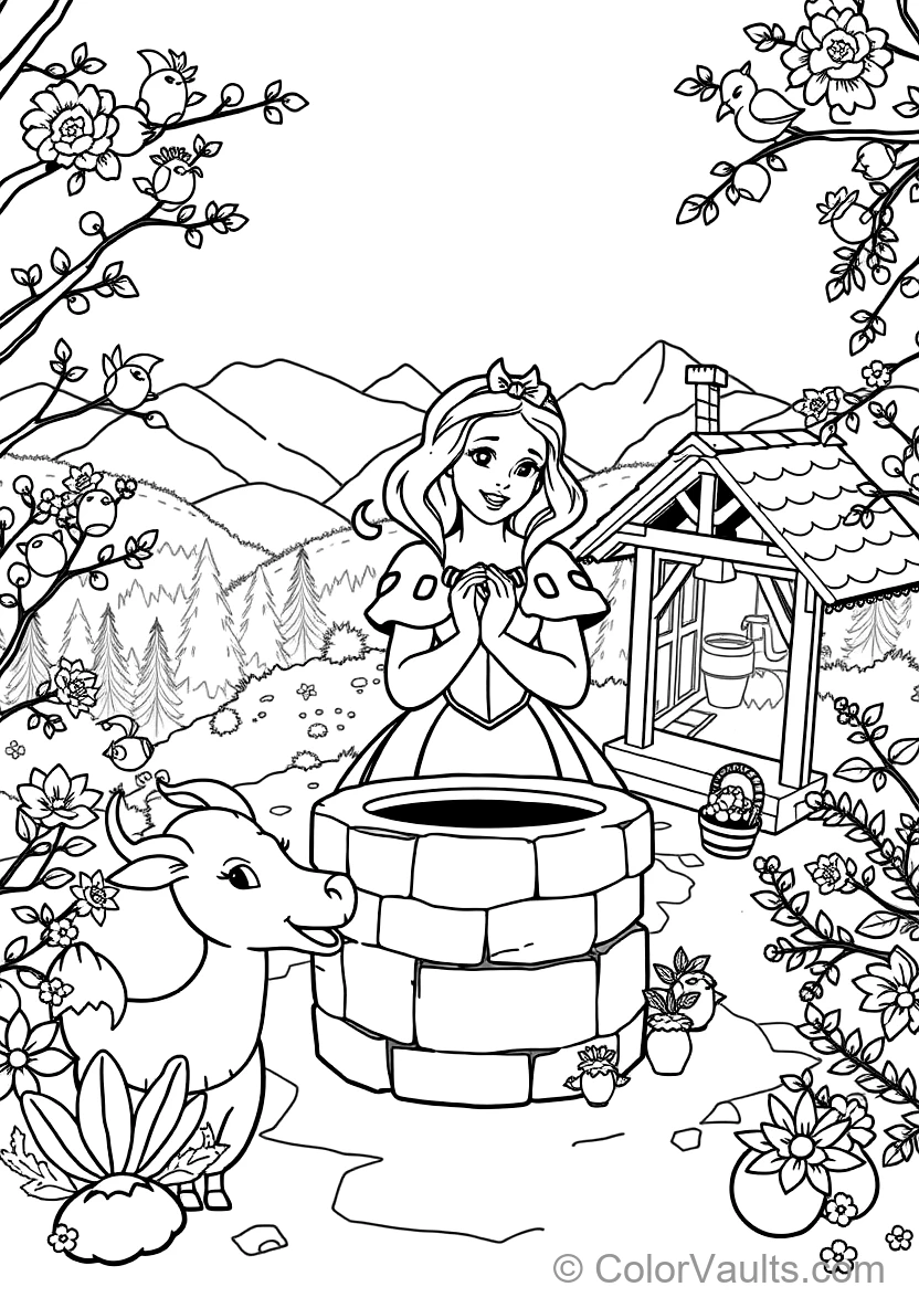 Snow White Singing at the Wishing Well (Scene 58) - Kostenlose Malvorlage zum Ausdrucken | ColorVaults
