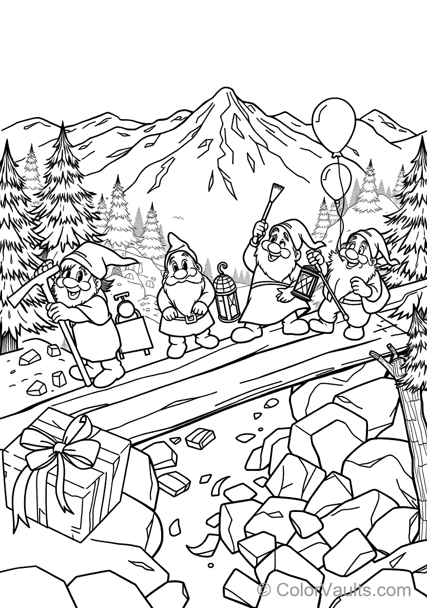 Seven Dwarfs Marching Home Singing Heigh-ho (Scene 51) - Kostenlose Malvorlage zum Ausdrucken | ColorVaults