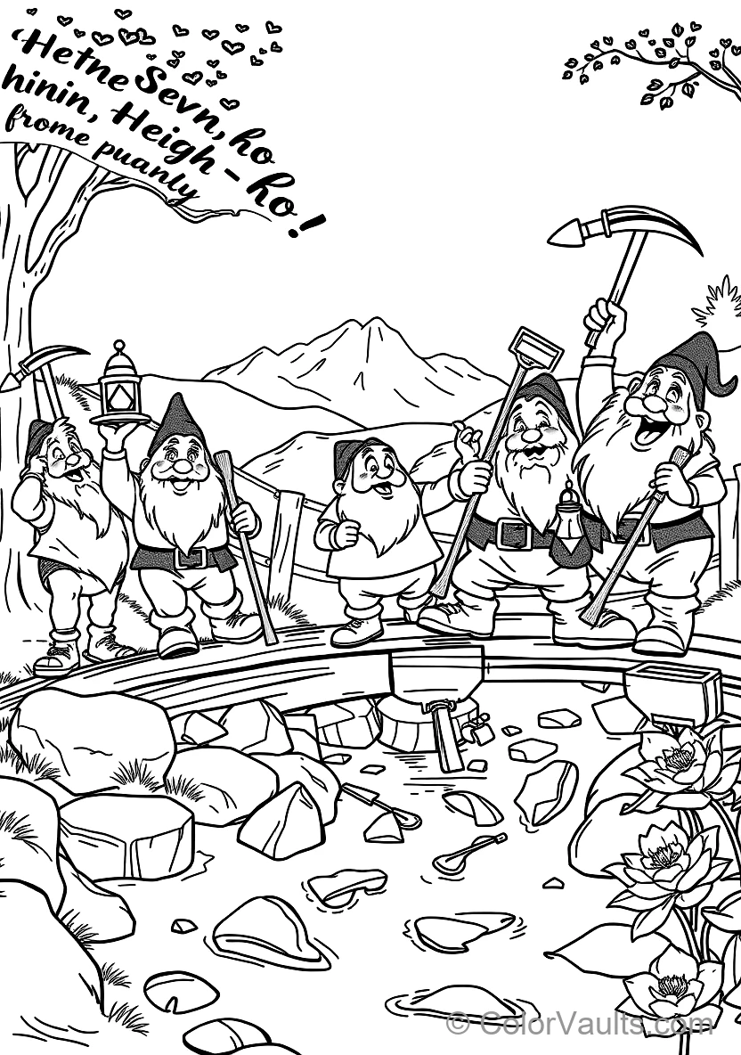 Seven Dwarfs Marching Home Singing Heigh-ho (Scene 55) - Kostenlose Malvorlage zum Ausdrucken | ColorVaults